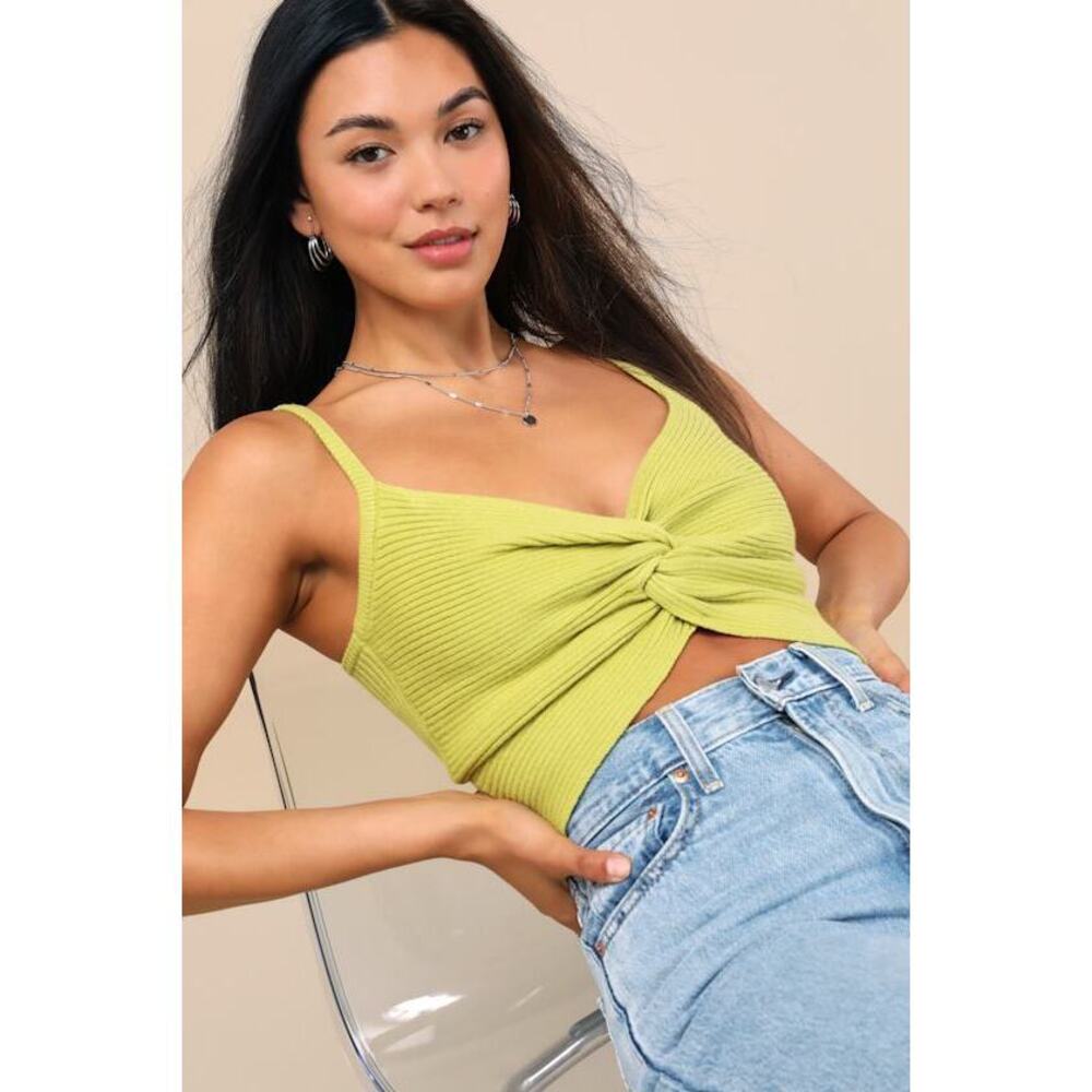 Lulus Melika Lime Green Ribbed Knotted Crop Tank Top - Size M